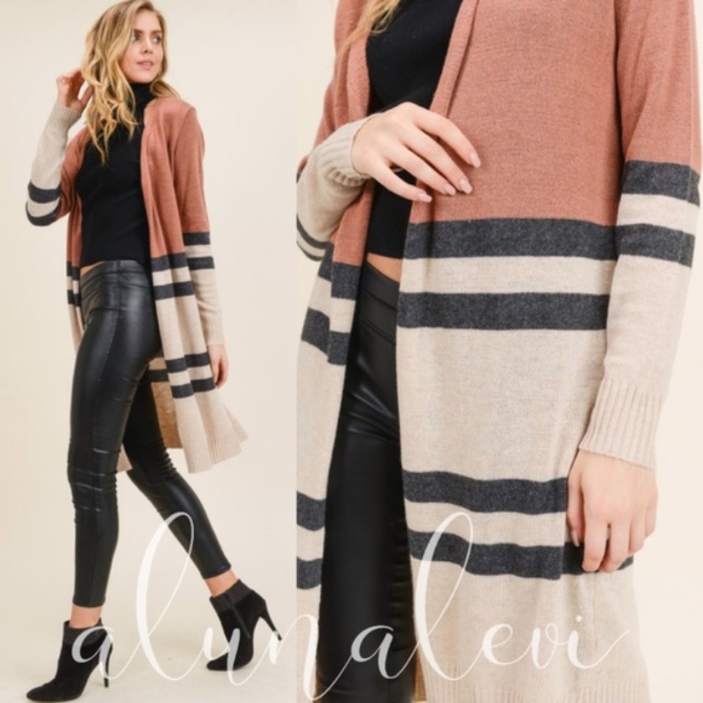 Color block cashmere blend long cardigan -RUST - Picture 4 of 5